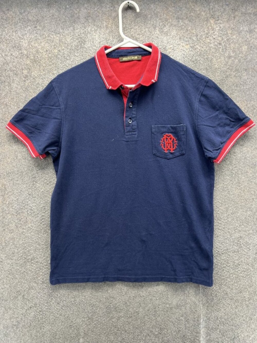 Roberto Cavalli Polo Shirt Men Medium Blue Cotton Knit Logo Casual Red Trim